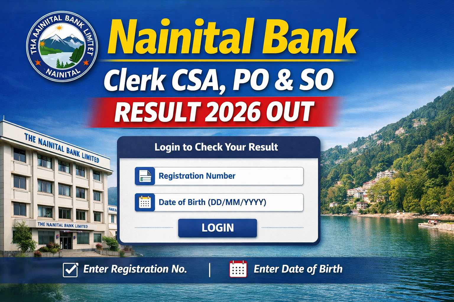 Nainital Bank Clerk CSA PO SO Result 2026 check online using registration number and date of birth