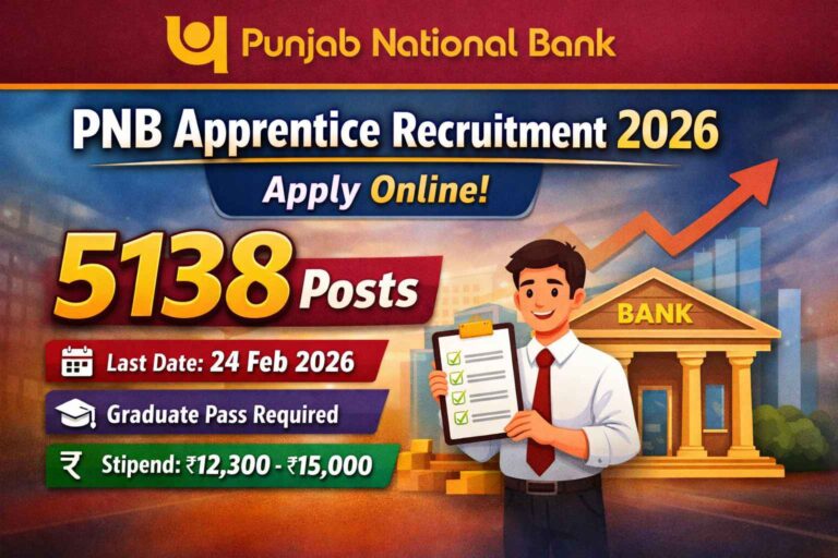 Punjab National Bank Apprentice Recruitment 2026 notification showing 5138 vacancies, apply online last date 24 February 2026, graduate pass eligibility and stipend details