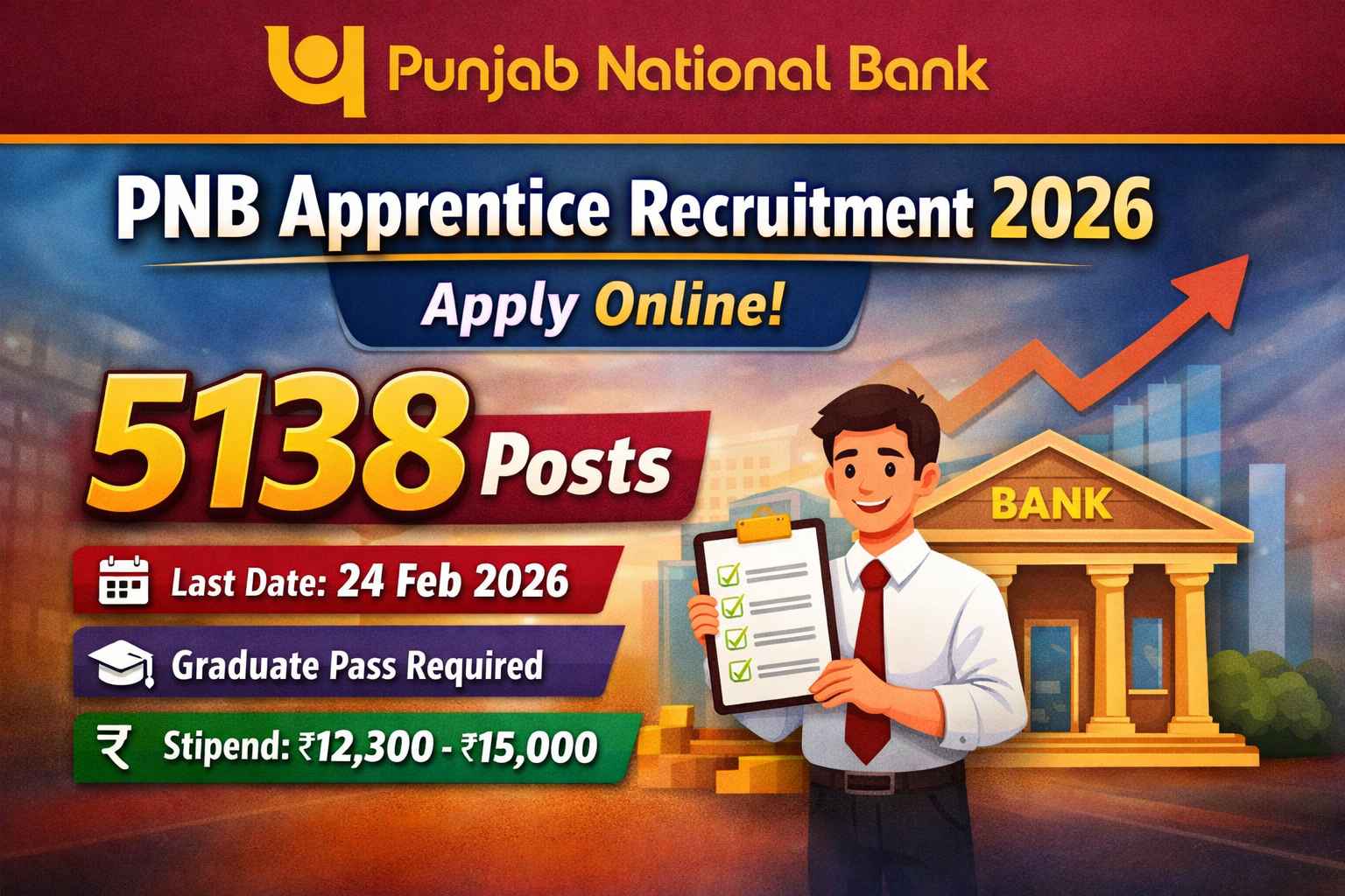Punjab National Bank Apprentice Recruitment 2026 notification showing 5138 vacancies, apply online last date 24 February 2026, graduate pass eligibility and stipend details