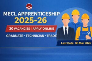 MECL Apprenticeship 2025-26 notification image showing 30 graduate technician and trade apprentice vacancies with apply online last date 08 March 2026