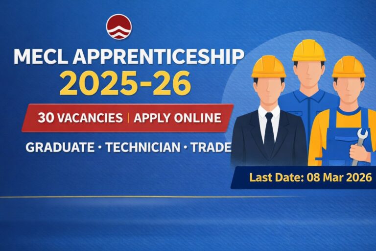 MECL Apprenticeship 2025-26 notification image showing 30 graduate technician and trade apprentice vacancies with apply online last date 08 March 2026
