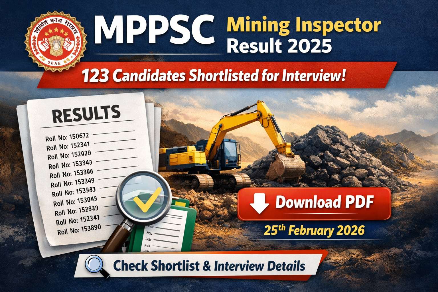 MPPSC Mining Inspector Result 2025 official notice showing 123 shortlisted candidates for interview and direct PDF download link details.